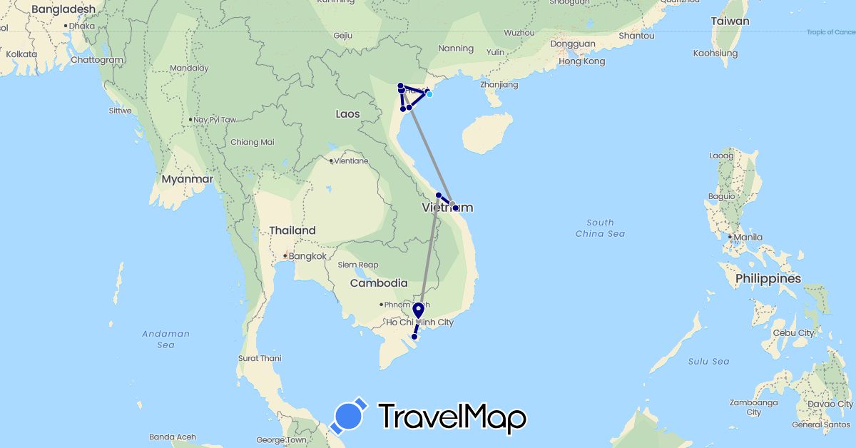 TravelMap itinerary: driving, plane, boat in Vietnam (Asia)